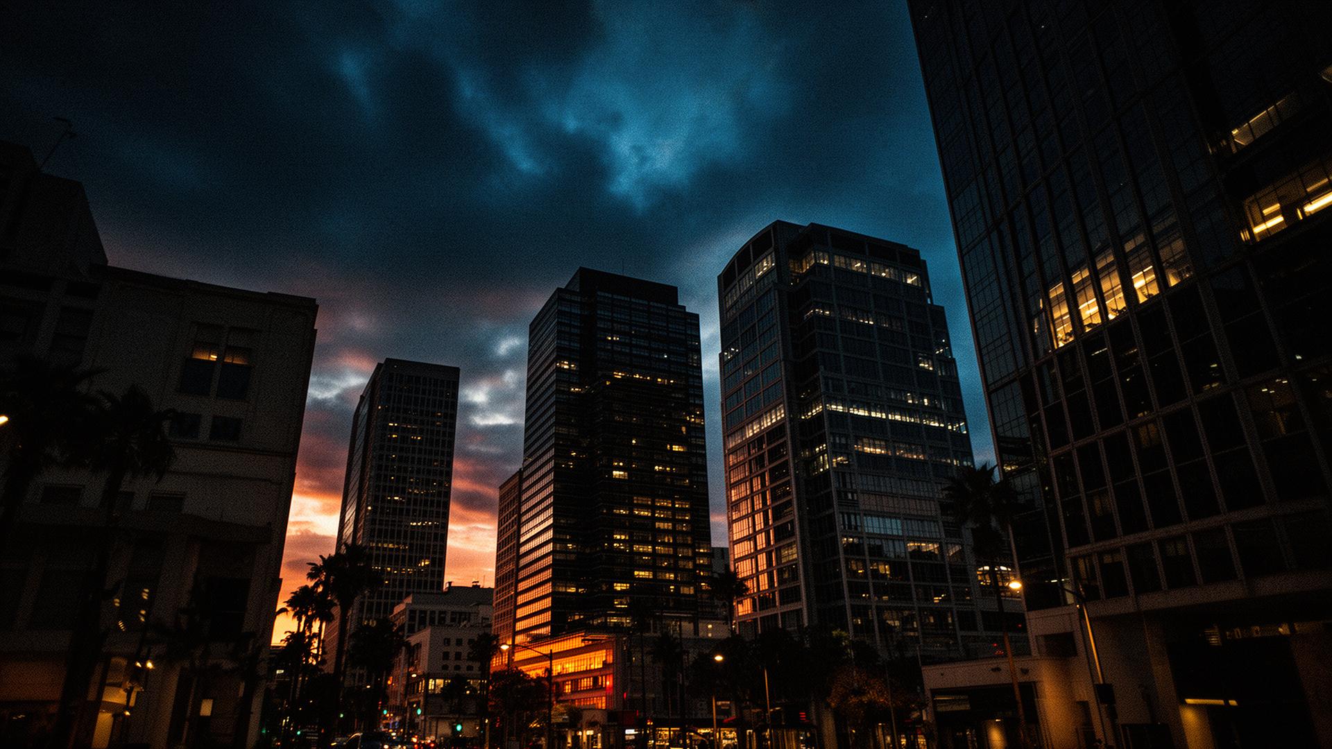 Southern California commercial high-rise district at dusk